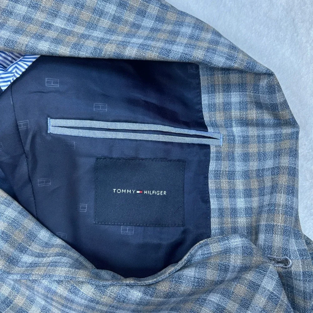 Tommy Hilfiger Check Sport Coat Mens 38R 36 Blue Tan Plaid Flex‎ $295 NEW